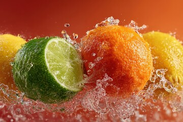 Fresh Citrus Fruits Splashing in Water on Vibrant Background