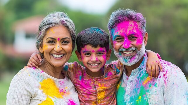 Multigenerational family celebrating holi outdoor garden gigapixel portrait vibrant colors joyful moments