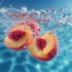 Fresh Peach Halves Splashed in Clear Water with Bubbles and Ripples
