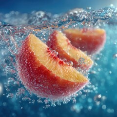 Fresh Peach Slices Splashing in Clear Water with Bubbles