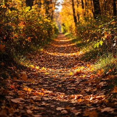 A vibrant autumn carpet of fallen leaves creating a natural pathway, bathed in soft light. Seasonal foliage in rich hues ,pathway ,path ,natural