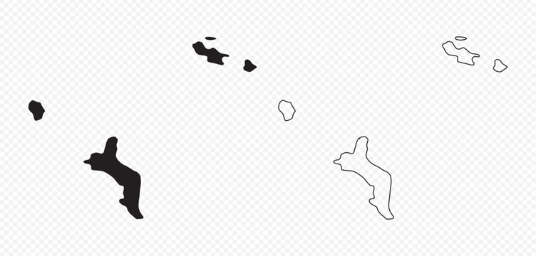Seychelles islands vector maps set: solid black silhouettes and simple line outlines on transparent background
