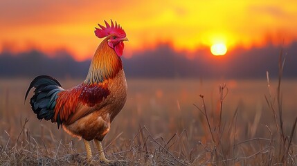 Rooster at sunrise in a field.