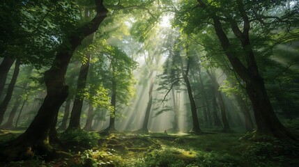 Fototapeta premium Sunlight beams through a misty, ancient forest, illuminating the lush green undergrowth and creating a magical, ethereal atmosphere.