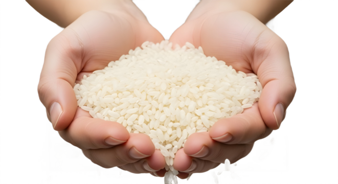 Human hands holding raw white rice grains representing agriculture, food supply, and healthy eating. isolated PNG with Transparent Background