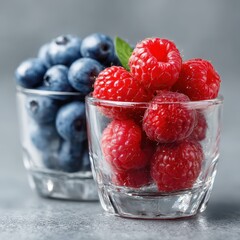 Fresh Blueberries and Raspberries in Glass Bowls with Gray Background