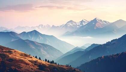 Mountain range at sunset, misty valley