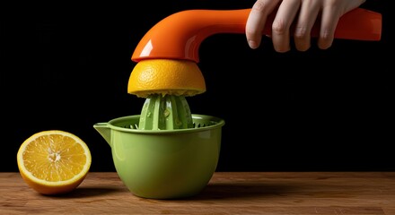 A vibrant citrus squeezer extracting fresh juice from a halved fruit, showcasing healthy cooking and refreshing beverages ,clean ,tool ,breakfast