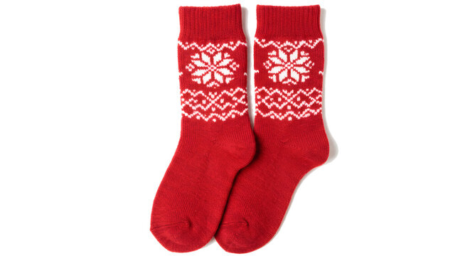 Red christmas socks snowflake pattern winter holiday cozy warm festive knitwear apparel fashion accessories on transparent background - Powered by Adobe