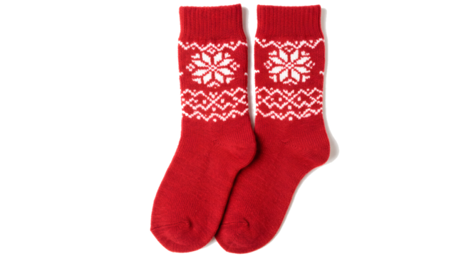 Red christmas socks snowflake pattern winter holiday cozy warm festive knitwear apparel fashion accessories on transparent background