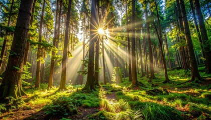 Obraz premium Sunbeams Streaming Through Forest Trees Illuminating Lush Green Undergrowth in Morning Light