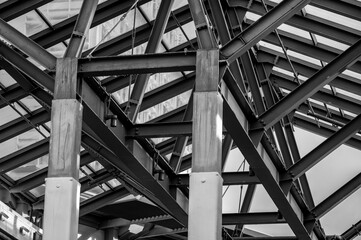 Cantilever Engineering Metal Roof Structure in Black and White.