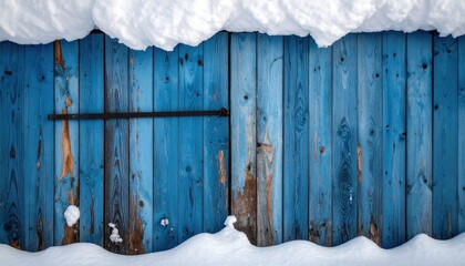 Blue wooden fence, snow-covered