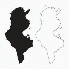 Black silhouette and outline map set of Tunisia isolated on a transparent background