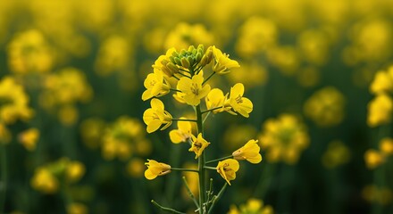 A vibrant close-up of a blooming yellow oilseed flower in a sun-drenched agricultural field, highlighting its delicate petals and natural beauty ,botany ,petal ,daylight