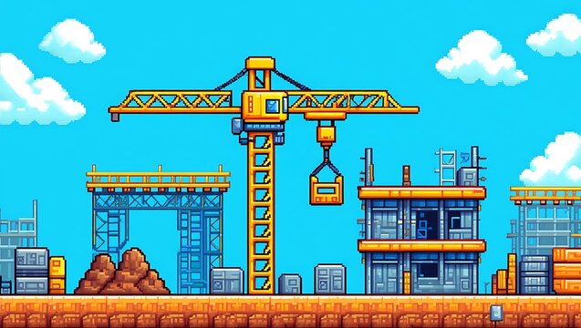 Pixel Art Construction Site with Crane and Buildings Under Construction Illustration