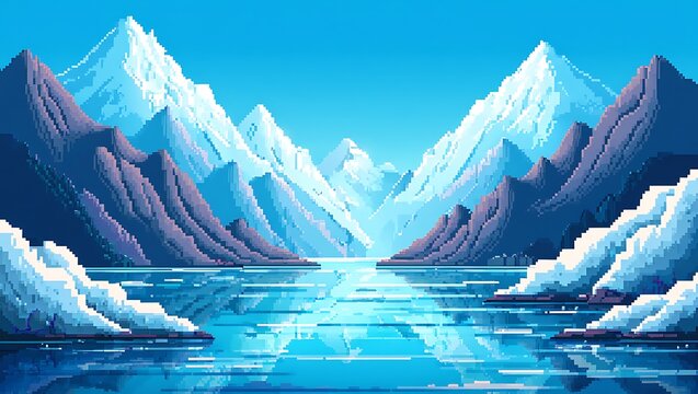 Pixel art of snowy mountains and lake with reflections beautiful scenery - Powered by Adobe