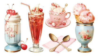 Vintage Ice Cream Treats and Desserts with Cherry Toppings on Transparent Background