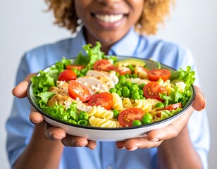 Smiling woman holding a colorful salad bowl, showcasing a healthy meal