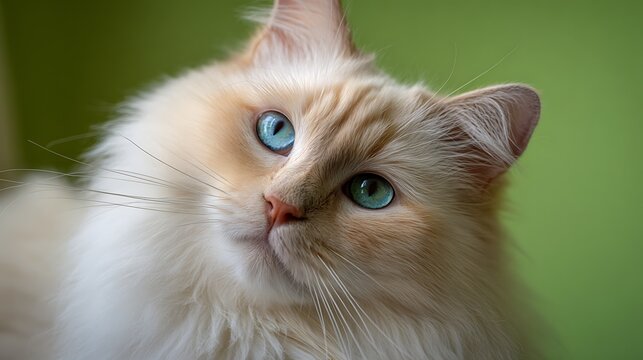Close up portrait of a ragdoll cat with blue eyes and a green background looking upwards softly - Powered by Adobe