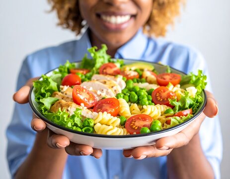 Smiling woman holding a colorful salad bowl, showcasing a healthy meal - Powered by Adobe