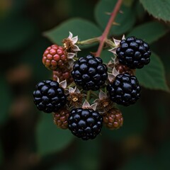 A vibrant cluster of plump, ripe blackberries glistens on a thorny bush, reflecting the light and showcasing the rich, dark fruit ,plant ,purple ,blackberry