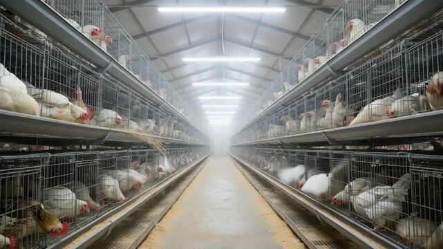 Medium shot showing LED lighting fixtures mounted above battery cages highlighting energyefficient illumination and enhanced visibility in poultry housing systems.