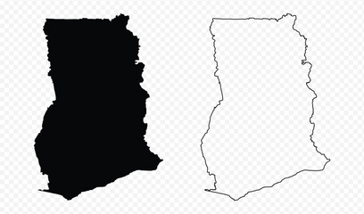 Detailed vector map set of Ghana, black silhouette and editable outline on transparent background