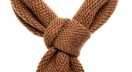 Brown knitted scarf fashion accessory winter wear neck warmer cozy knitwear textile knot style close up on transparent background