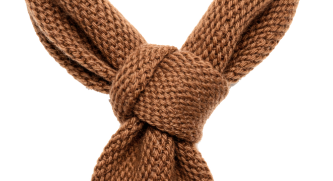 Brown knitted scarf fashion accessory winter wear neck warmer cozy knitwear textile knot style close up on transparent background