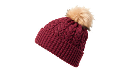 Burgundy knit beanie hat with faux fur pom winter fashion accessory knitted cap headwear warm stylish apparel on transparent background