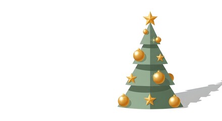 Obraz premium A modern, layered geometric Christmas tree illustration in muted sage green. Decorated with glossy gold stars and baubles. It features a simple drop shadow and is isolated on a pure white background .