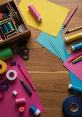 A vibrant collection of crafting materials, tools, and supplies organized on a wooden table, ready for a creative DIY project session ,gift ,clay ,supplies