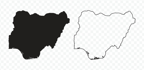 Nigeria map set, detailed vector silhouette and outline border on transparent background