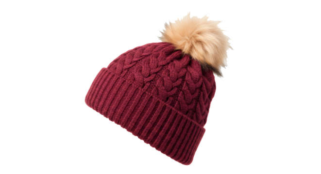 Burgundy knit beanie hat with faux fur pom winter fashion accessory knitted cap headwear warm stylish apparel on transparent background