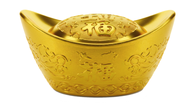 Chinese gold ingot golden money wealth fortune symbol new year lunar holiday decoration asia prosperity on transparent background