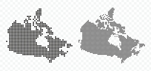 Vector set of Canada map with black dotted halftone pattern isolated on transparent background