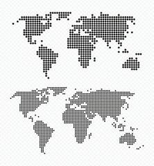 Vector world map set with black dotted halftone pattern isolated on transparent background