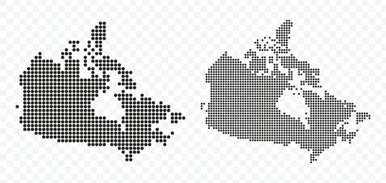 Vector set of Canada map with black dotted halftone pattern isolated on transparent background