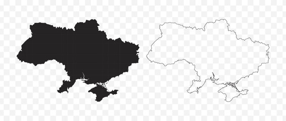 Detailed vector map of the Republic of Ukraine in solid black fill and outline versions