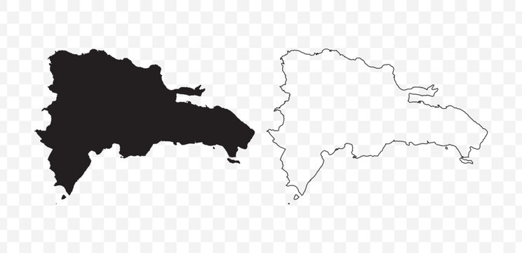 Detailed vector map of the Dominican Republic in solid black fill and outline versions