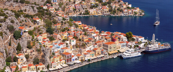 Panoramic view of Symi town from hillside, Symi, Greece