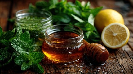 A macro close up of honey lemon and fresh mint ingredients arranged on a rustic kitchen counter symbolizing organic flu remedies
