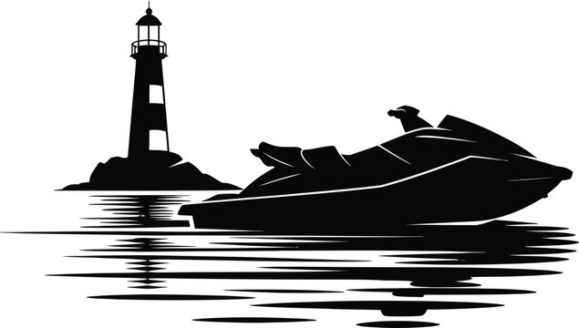 Dynamic jet ski rider and lighthouse on a wavy ocean silhouette