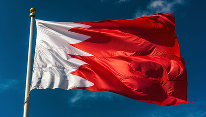 Bahrain's vibrant national flag waves proudly against a beautiful blue sky, representing patriotism, unity and cultural identity in the Middle East