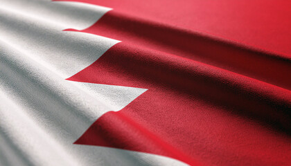 Bahrain's vibrant national flag waving gently, embodying patriotism and national pride in a close-up, textural display of red and white