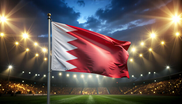 Bahrain flag waving proudly at a vibrant sports stadium filled with fans under bright lights, perfect for global events and patriotic campaigns