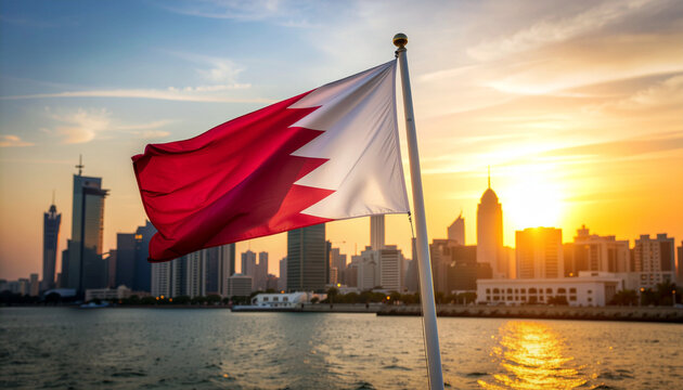 Fototapeta Bahrain flag waves proudly against a stunning sunset cityscape, symbolizing national pride and economic growth in the vibrant capital city of Manama