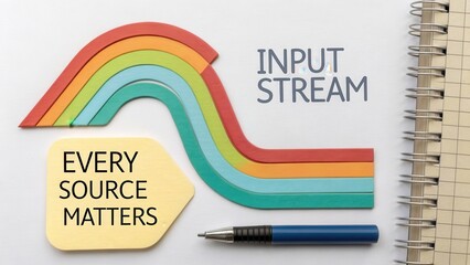 Colorful input stream concept with vibrant waves and motivational text about the importance of every source in creative processes