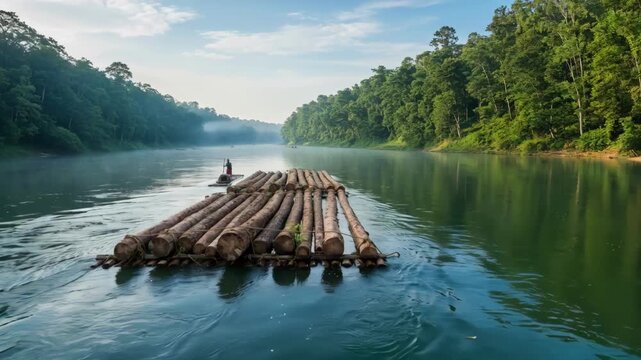Medium shot of floating logs gently drifting down a serene river showcasing traditional waterway transportation in a natural controlled environment.